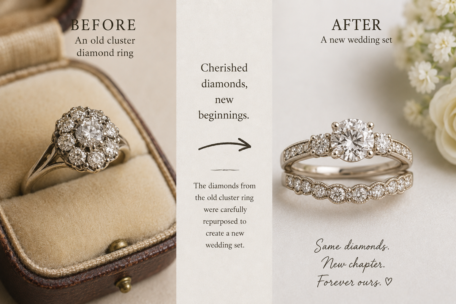 Old brooch transformed into a new pendant using the same cherished gemstones