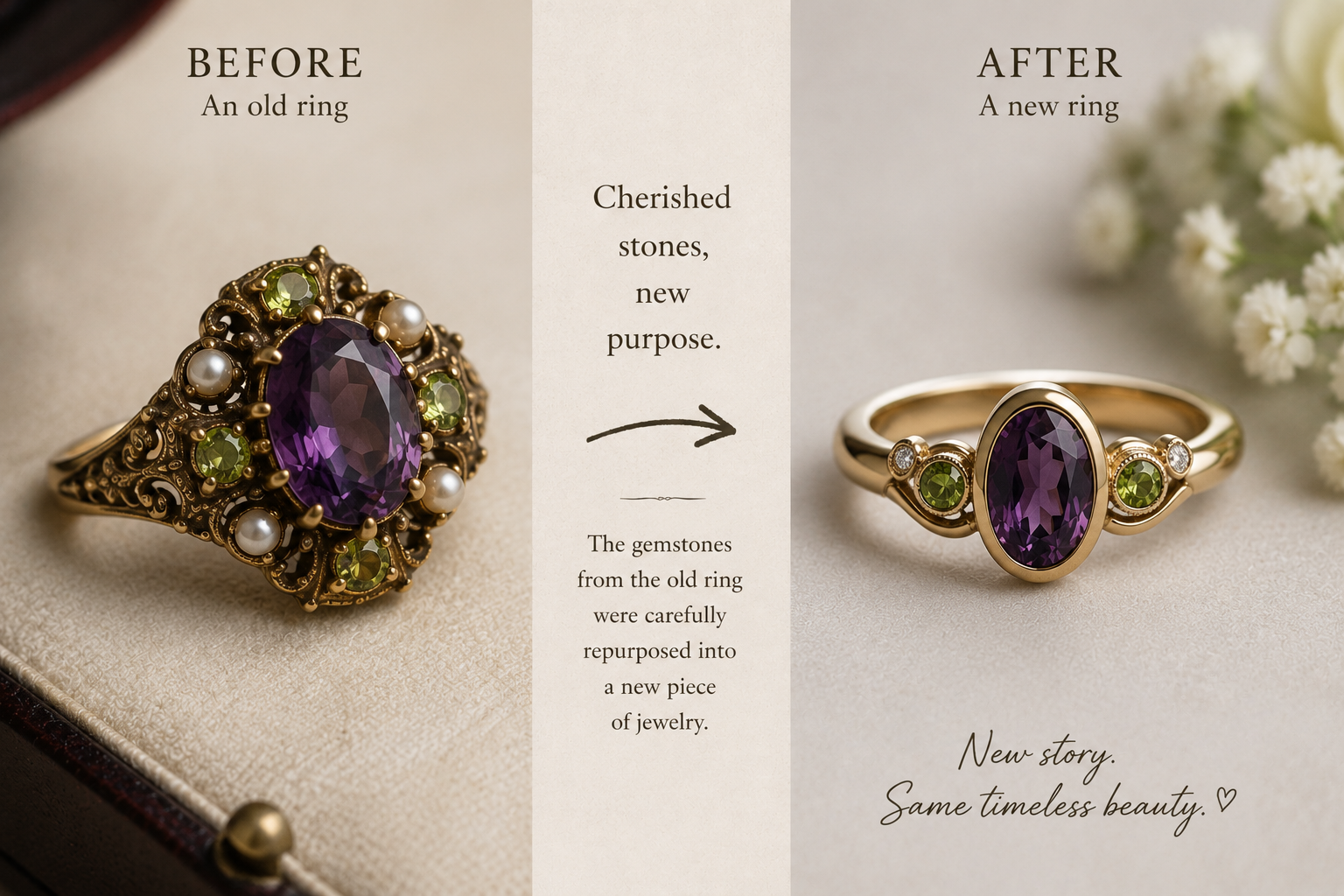 Old ornate ring redesigned into a beautiful modern ring